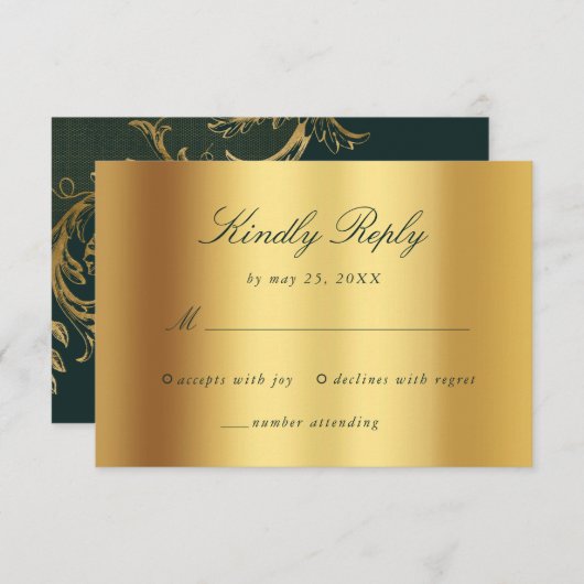  Groen Goud Bloemen Damast Script Bruiloft RSVP Kaartje (Voorkant / Achterkant)