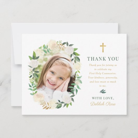 Groen Goud Bloemen Eerste Heilige Communie Meisje  Bedankkaart (Voorkant)
