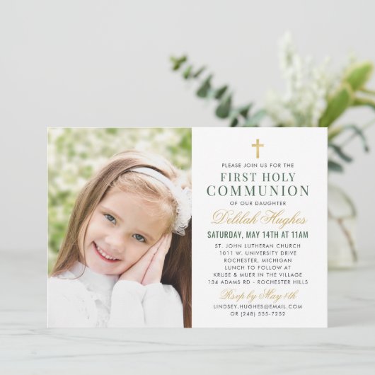 Groen Goud Bloemen Eerste Heilige Communie Meisje  Kaart (Staand voorkant)