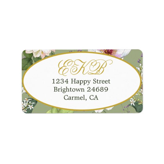 Groen Goud Bloemen Elegant Modern Monogram Etiket (Voorkant)