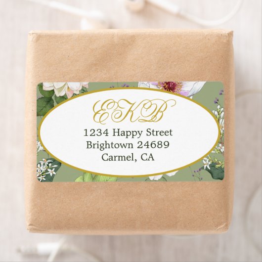 Groen Goud Bloemen Elegant Modern Monogram Etiket (Insitu)