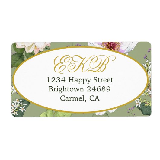 Groen Goud Bloemen Elegant Modern Monogram Etiket (Voorkant)