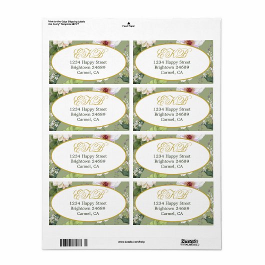Groen Goud Bloemen Elegant Modern Monogram Etiket (Full Sheet)