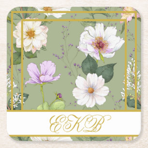 Groen Goud Bloemen Elegant Modern Monogram Kartonnen Onderzetters