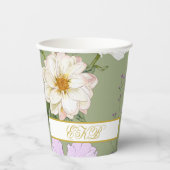 Groen Goud Bloemen Elegant Modern Monogram Papieren Bekers (Voorkant)