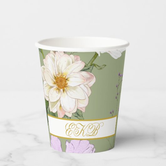 Groen Goud Bloemen Elegant Modern Monogram Papieren Bekers (Voorkant)