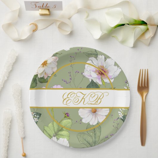 Groen Goud Bloemen Elegant Modern Monogram Papieren Bordje (Huwelijk)