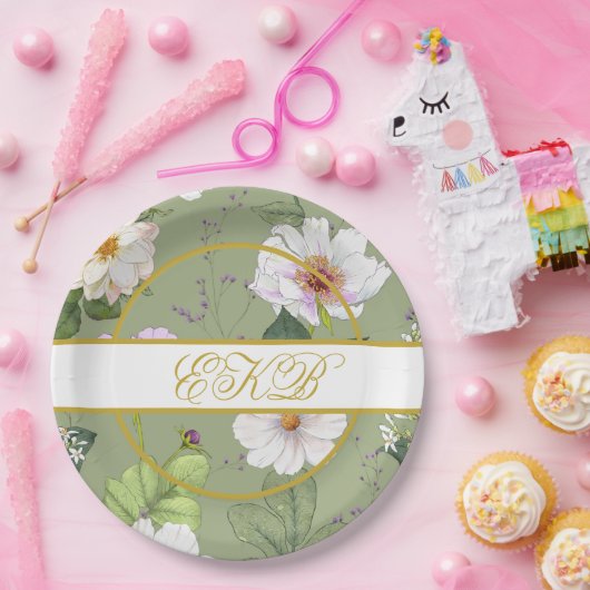 Groen Goud Bloemen Elegant Modern Monogram Papieren Bordje (Feest)