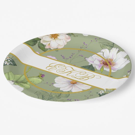 Groen Goud Bloemen Elegant Modern Monogram Papieren Bordje (Gekanteld)