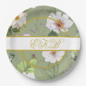 Groen Goud Bloemen Elegant Modern Monogram Papieren Bordje (Voorkant)