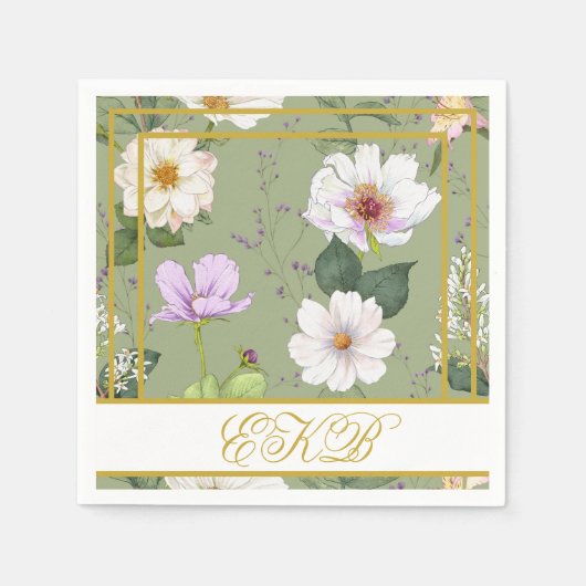 Groen Goud Bloemen Elegant Modern Monogram Servet (Voorkant)