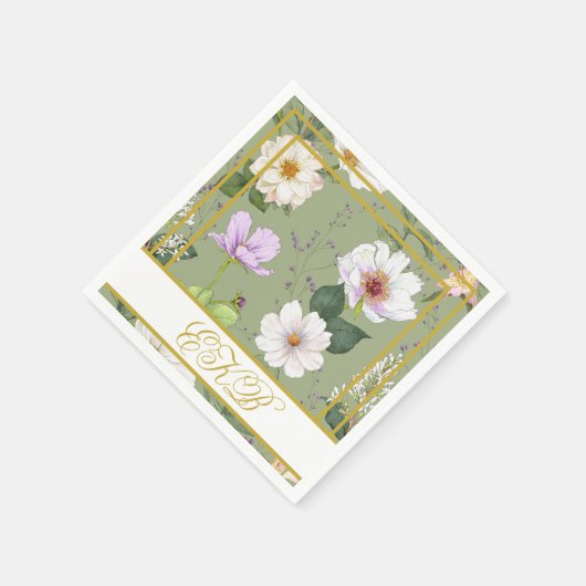 Groen Goud Bloemen Elegant Modern Monogram Servet (Hoek)