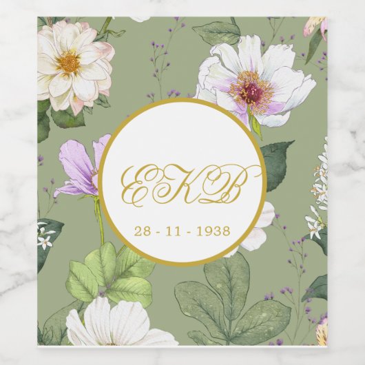 Groen Goud Bloemen Elegant Modern Monogram Wijn Etiket (Enkel label)