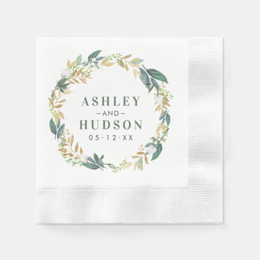 Groen Goud Bloemen Groen Krans Bruiloft Monogram Servet (Voorkant)