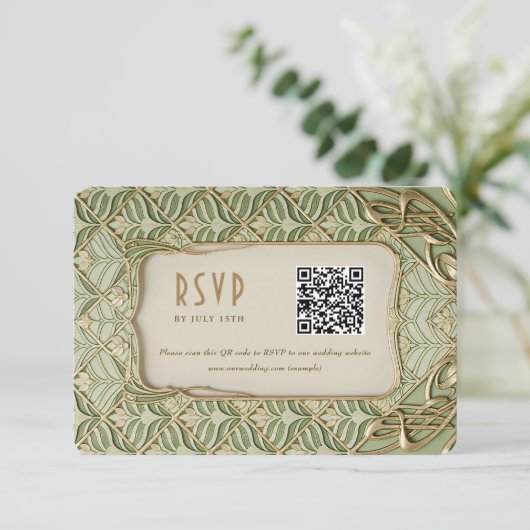 Groen & Goud Bloemen Huwelijk RSVP QR Kaart (Staand voorkant)
