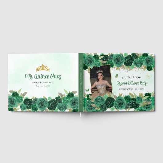 Groen Goud Bloemen Prinses Quinceañera Foto Gastenboek (Volledig)