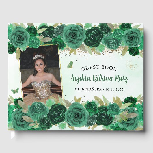 Groen Goud Bloemen Prinses Quinceañera Foto Gastenboek (Voorkant)