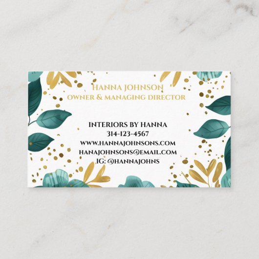 Groen Goud Bloemen Waterverf Monogram initiaal Visitekaartje (Achterkant)