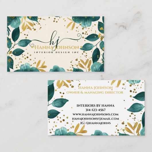 Groen Goud Bloemen Waterverf Monogram initiaal Visitekaartje (Voorkant / Achterkant)