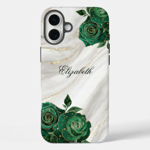 Groen Goud Bloemen Wit Marmer iPhone 16 Plus Hoesje