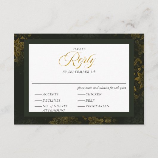 Groen & Goud Bloemrijke Elegante Kalligrafie Huwel Informatiekaartje (Voorkant)