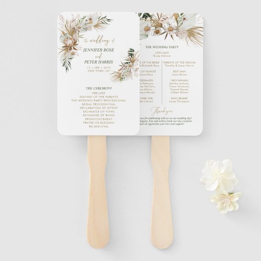 Groen & Goud Boho Botanisch Huwelijksprogramma Handwaaier (Voorkant en achterkant)