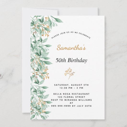 Groen goud botanisch groen wit verjaardag kaart (Voorkant)