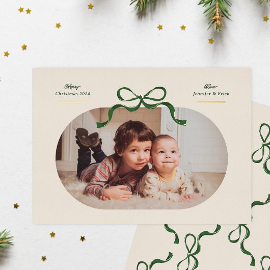 Groen & Goud Bow | Vrolijkste kerst | Ovale foto Folie Feestdagenkaart