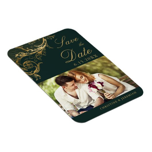 Groen Goud Damask Foto Opslaan van de Datum Magneet (Rechterzijde)