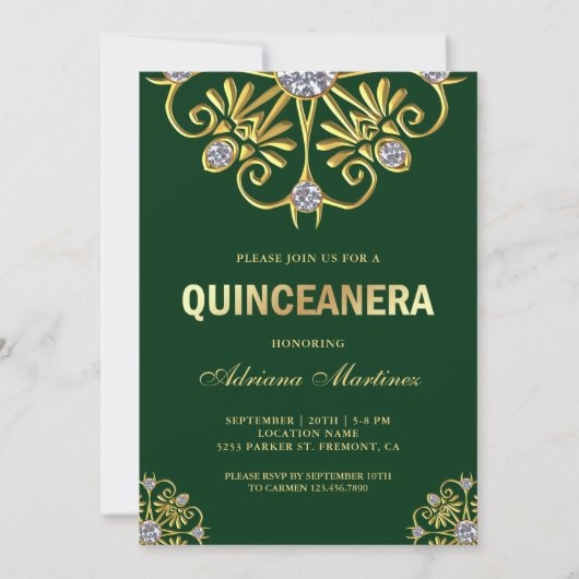 Groen Goud Diamant Mandala Quinceanera Kaart (Voorkant)