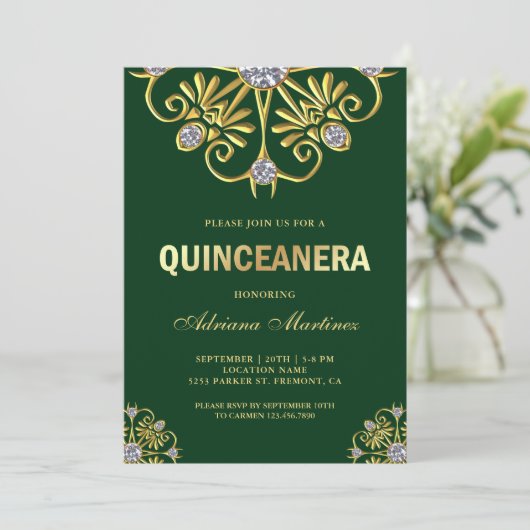 Groen Goud Diamant Mandala Quinceanera Kaart (Staand voorkant)
