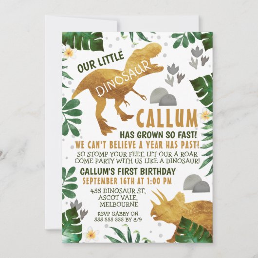 Groen Goud Dinosaurus Verjaardagsfeest Uitnodiging (Voorkant)