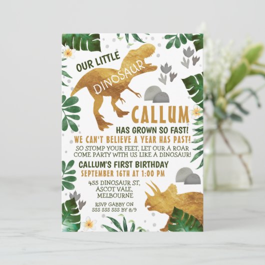 Groen Goud Dinosaurus Verjaardagsfeest Uitnodiging (Staand voorkant)