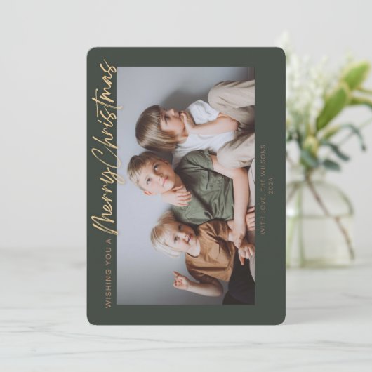 Groen Goud Eenvoudige Foto Prettig Kerstfeest Feestdagenkaart (Staand voorkant)