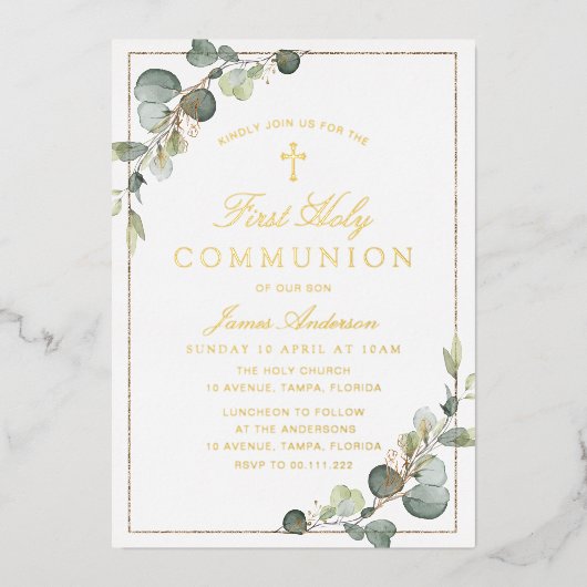 Groen Goud Eerste Heilige Communie Folie Uitnodiging (Voorkant)