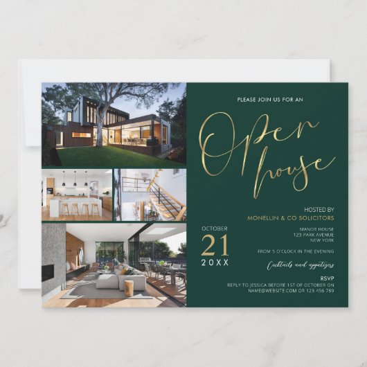 Groen & Goud Eigendom Flyer Open Huis Vier foto's Kaart (Voorkant)