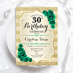 Groen Goud Elegant Bloemen 30e Verjaardag Kaart<br><div class="desc">Uitnodiging voor het 30e verjaardagsfeestje. Elegant bloemig smaragdgroen design met rozen. Beschikt over faux glitter gouden strepen en script lettertype. Perfect voor een stijlvolle vrouwendag. Kan voor om het even welke leeftijd worden aangepast! Gedrukte Zazzle-uitnodigingen of direct download digitale afdrukbare sjabloon.</div>