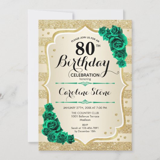 Groen Goud Elegant Bloemen 80ste Verjaardag Kaart (Voorkant)