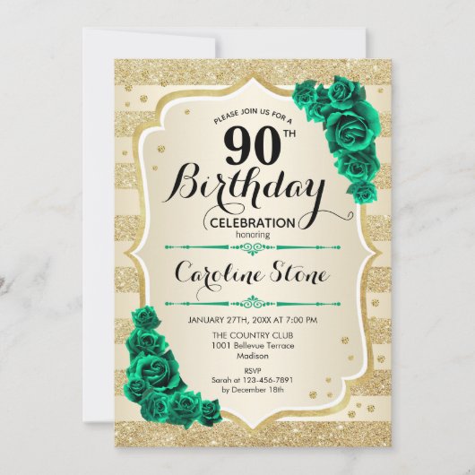 Groen Goud Elegant Bloemen 90ste Verjaardag Kaart (Voorkant)
