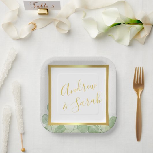 Groen & Goud Elegante Eucalyptus Minimalist Papieren Bordje (Huwelijk)