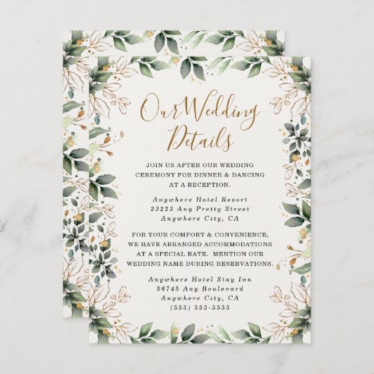 Groen Goud Elegante Waterverf Boho Leaf Bruiloft Informatiekaartje (Voorkant / Achterkant)