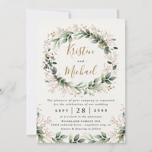 Groen Goud Elegante Waterverf Boho Leaf Bruiloft Kaart (Voorkant)