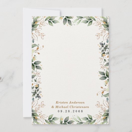 Groen Goud Elegante Waterverf Boho Leaf Bruiloft Kaart (Achterkant)