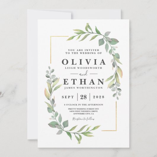 Groen Goud Elegante Waterverf Boho Leaf Bruiloft Kaart (Voorkant)