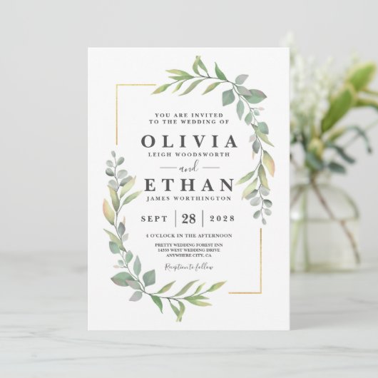 Groen Goud Elegante Waterverf Boho Leaf Bruiloft Kaart (Staand voorkant)