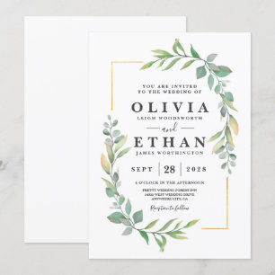 Groen Goud Elegante Waterverf Boho Leaf Bruiloft Kaart