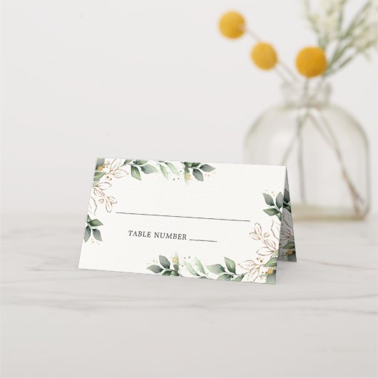 Groen Goud Elegante Waterverf Boho Leaf Bruiloft Plaatskaartje (Voorkant)