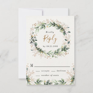 Groen Goud Elegante Waterverf Boho Leaf Bruiloft RSVP Kaartje