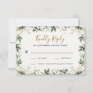 Groen Goud Elegante Waterverf Boho Leaf Bruiloft RSVP Kaartje