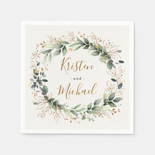 Groen Goud Elegante Waterverf Boho Leaf Bruiloft Servet (Voorkant)